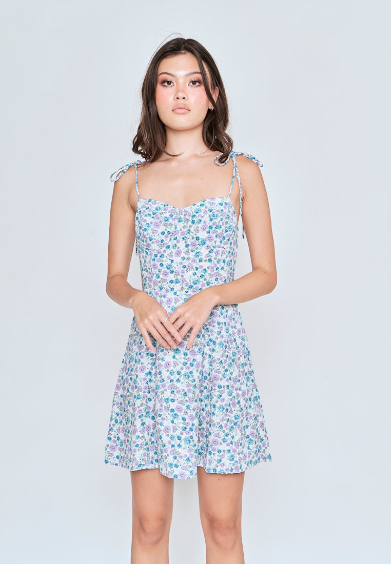 Kamari Blue Floral All Over Print Self Tie Strap Mini Dress