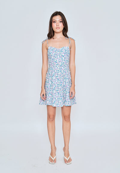 Kamari Blue Floral All Over Print Self Tie Strap Mini Dress