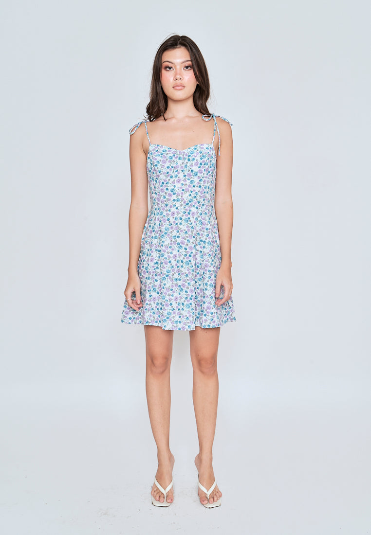 Kamari Blue Floral All Over Print Self Tie Strap Mini Dress