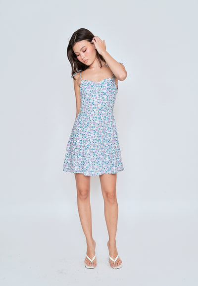 Kamari Blue Floral All Over Print Self Tie Strap Mini Dress