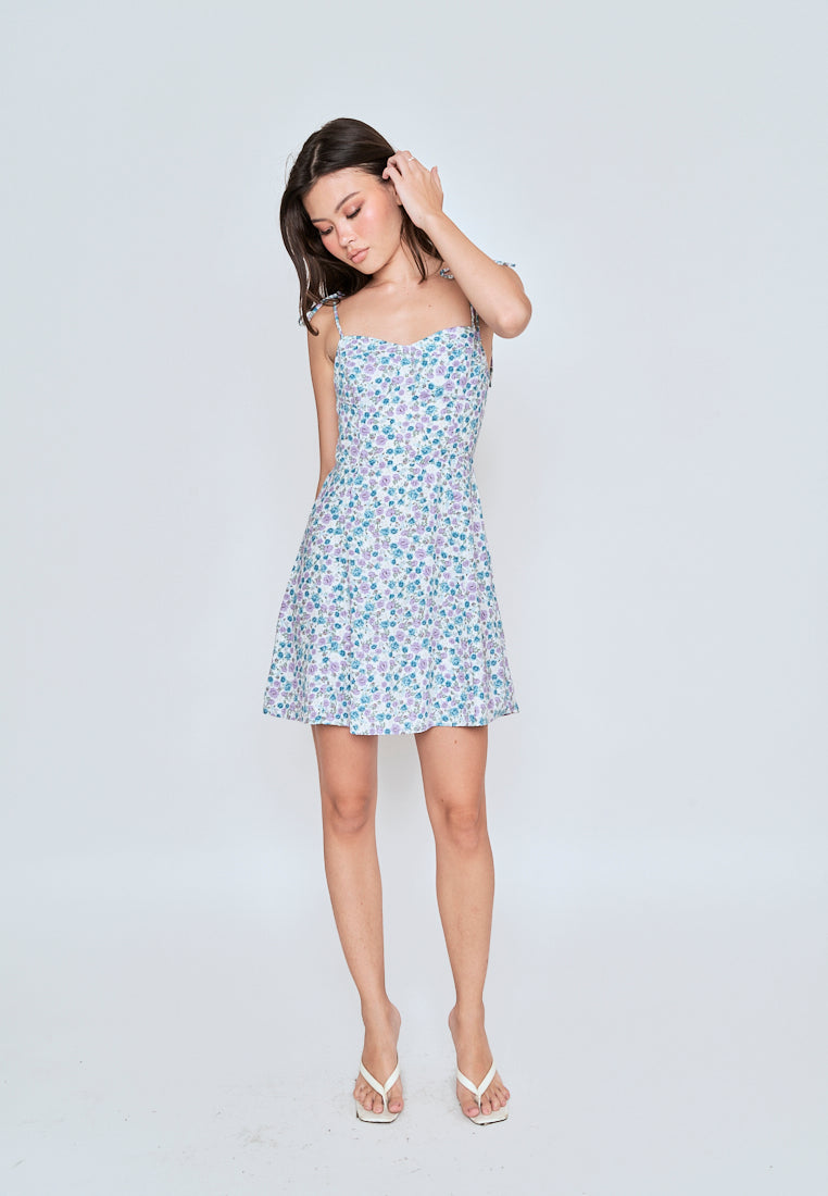 Kamari Blue Floral All Over Print Self Tie Strap Mini Dress