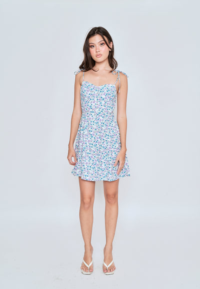 Kamari Blue Floral All Over Print Self Tie Strap Mini Dress