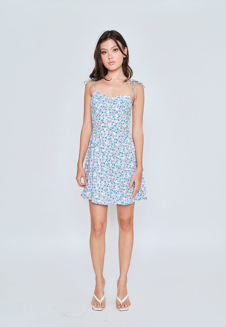 Kamari Blue Floral All Over Print Self Tie Strap Mini Dress
