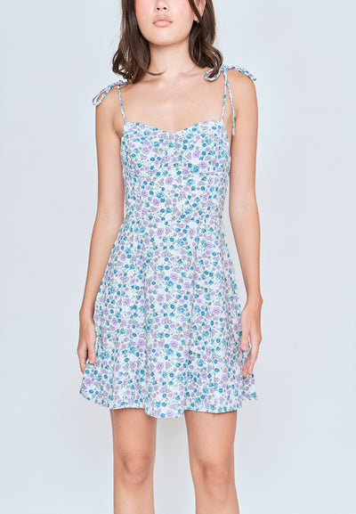 Kamari Blue Floral All Over Print Self Tie Strap Mini Dress