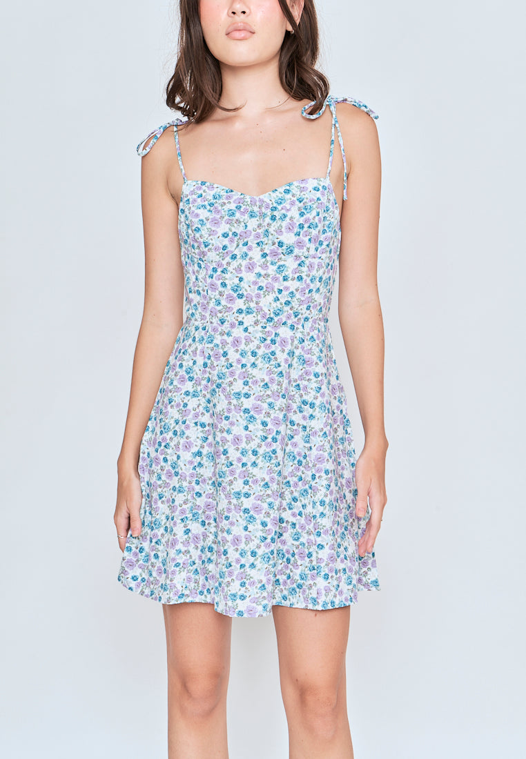 Kamari Blue Floral All Over Print Self Tie Strap Mini Dress