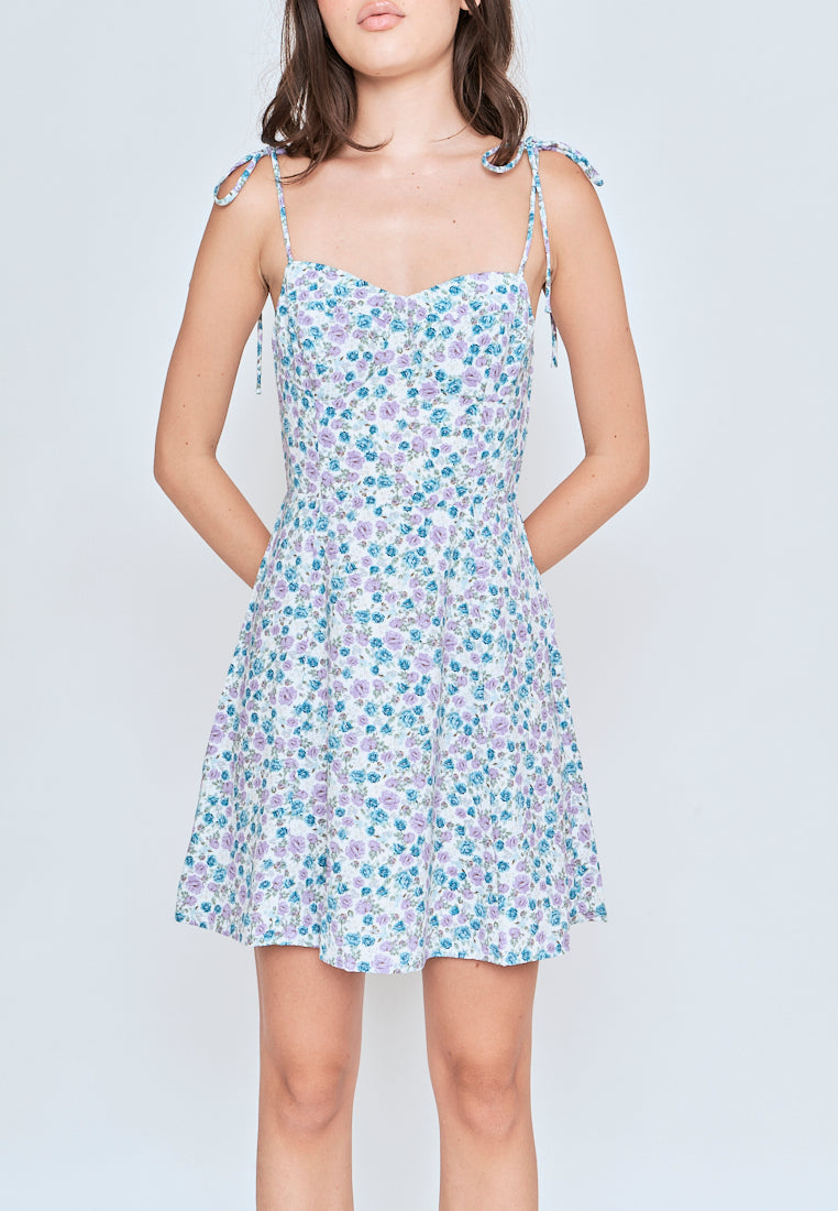 Kamari Blue Floral All Over Print Self Tie Strap Mini Dress
