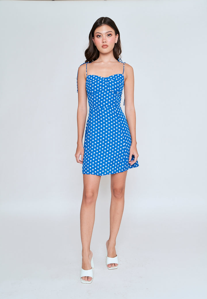 Zora Blue With White Floral All Over Print Self Tie Mini Dress