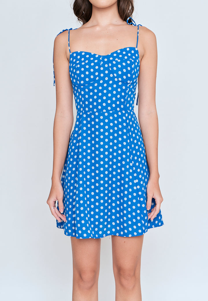 Zora Blue With White Floral All Over Print Self Tie Mini Dress