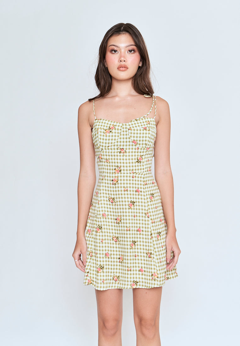 Jiya Green Checkered Floral All Over Print Self Tie Mini Dress