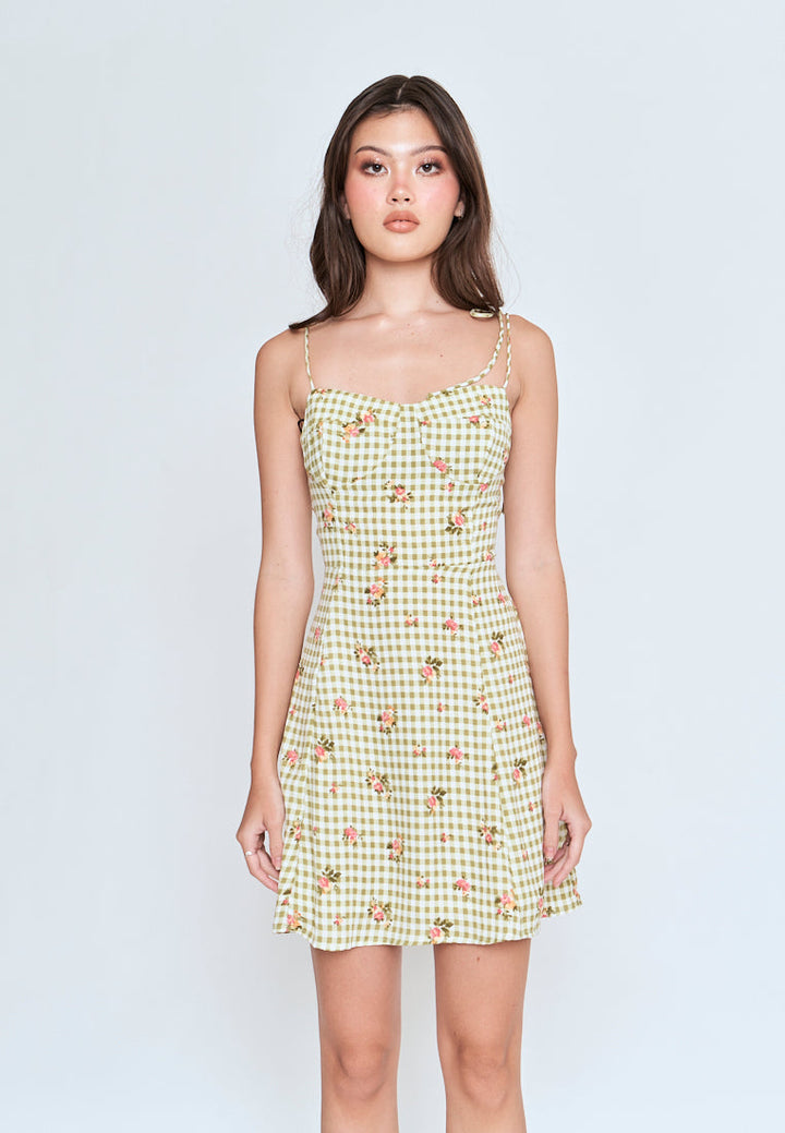 Jiya Green Checkered Floral All Over Print Self Tie Mini Dress