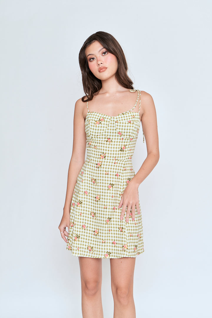Jiya Green Checkered Floral All Over Print Self Tie Mini Dress