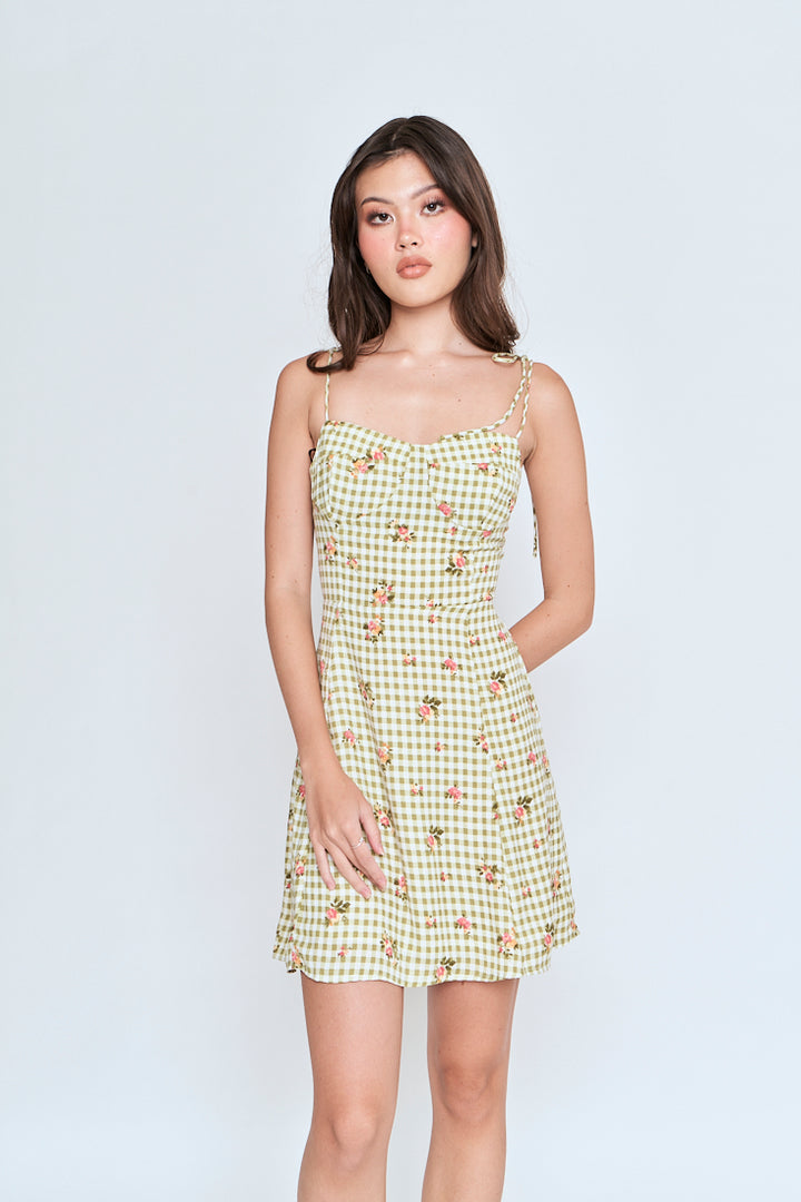 Jiya Green Checkered Floral All Over Print Self Tie Mini Dress
