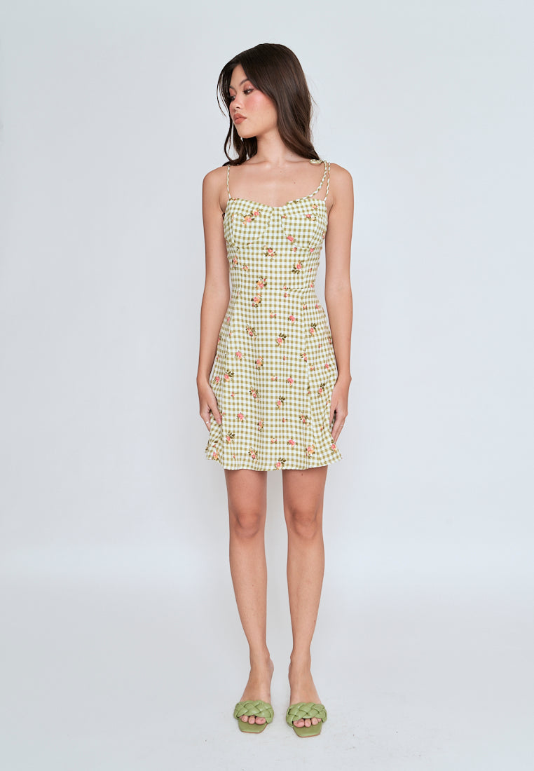 Jiya Green Checkered Floral All Over Print Self Tie Mini Dress