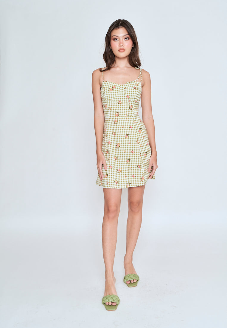 Jiya Green Checkered Floral All Over Print Self Tie Mini Dress