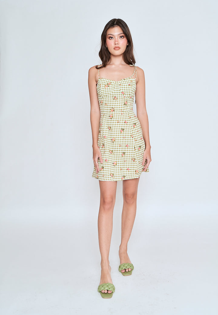 Jiya Green Checkered Floral All Over Print Self Tie Mini Dress