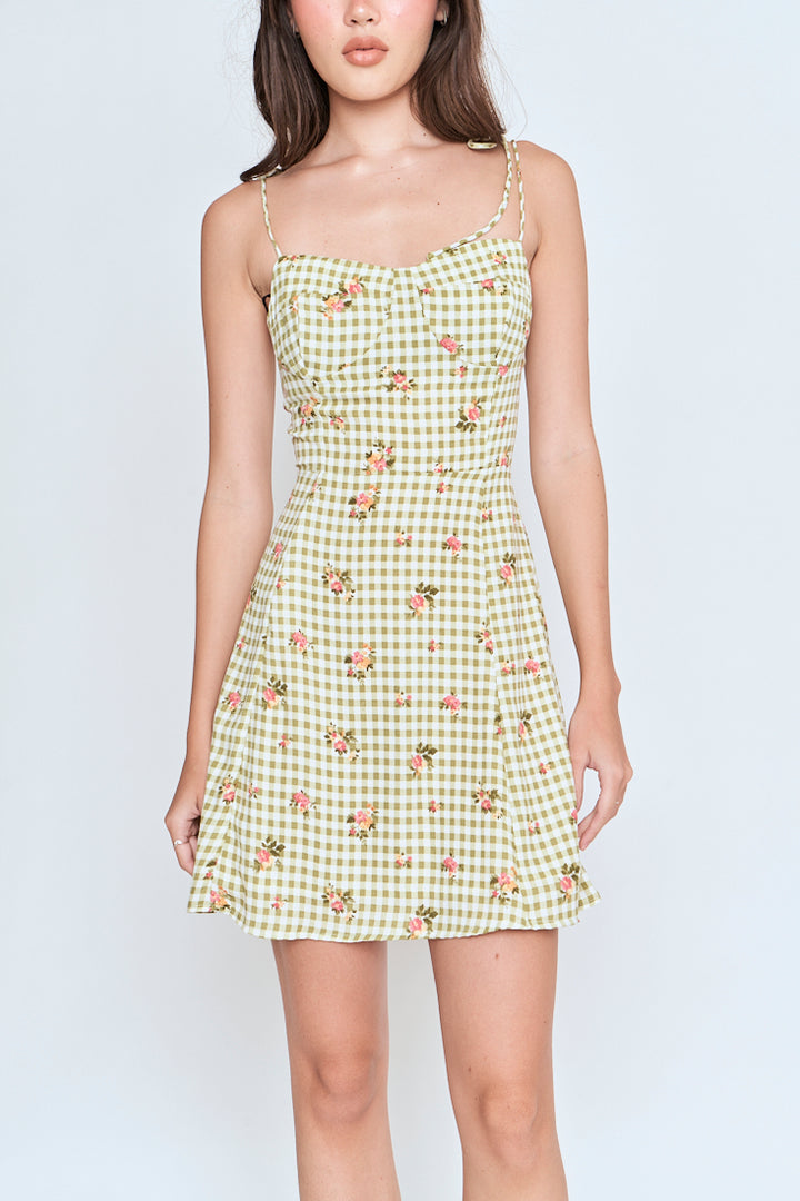 Jiya Green Checkered Floral All Over Print Self Tie Mini Dress
