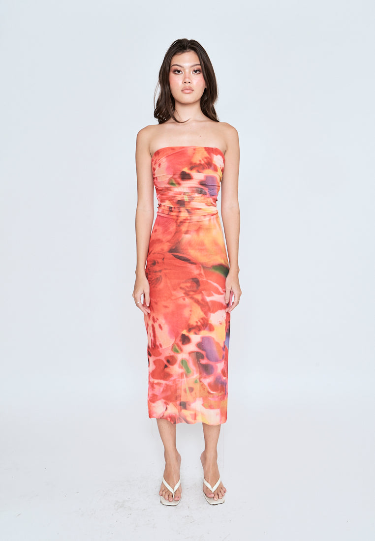 Leilana Orange Abstrat Print Mesh Pleated Sides Back Zipper Tube Midi Dress