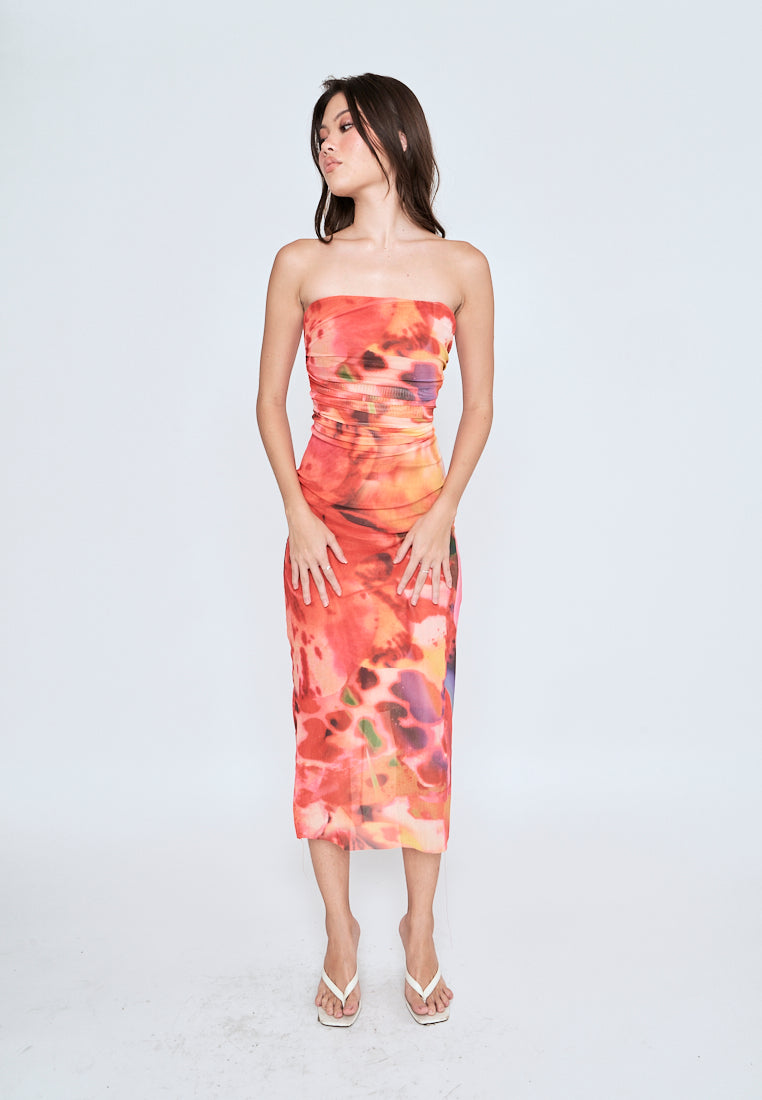 Leilana Orange Abstrat Print Mesh Pleated Sides Back Zipper Tube Midi Dress