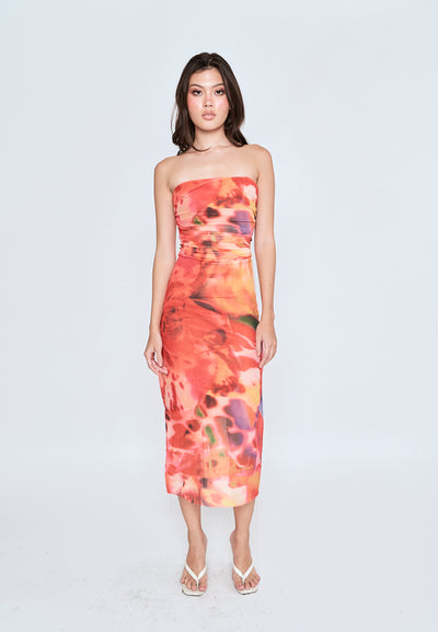 Leilana Orange Abstrat Print Mesh Pleated Sides Back Zipper Tube Midi Dress