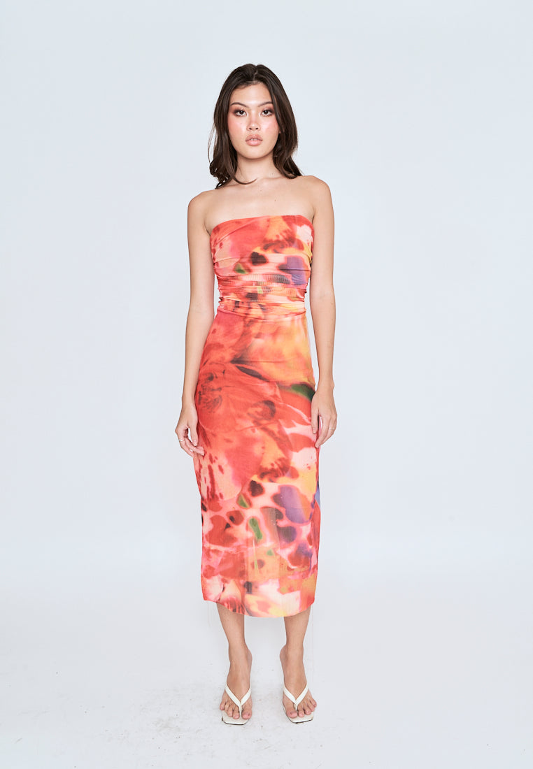 Leilana Orange Abstrat Print Mesh Pleated Sides Back Zipper Tube Midi Dress