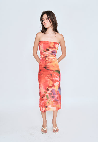 Leilana Orange Abstrat Print Mesh Pleated Sides Back Zipper Tube Midi Dress