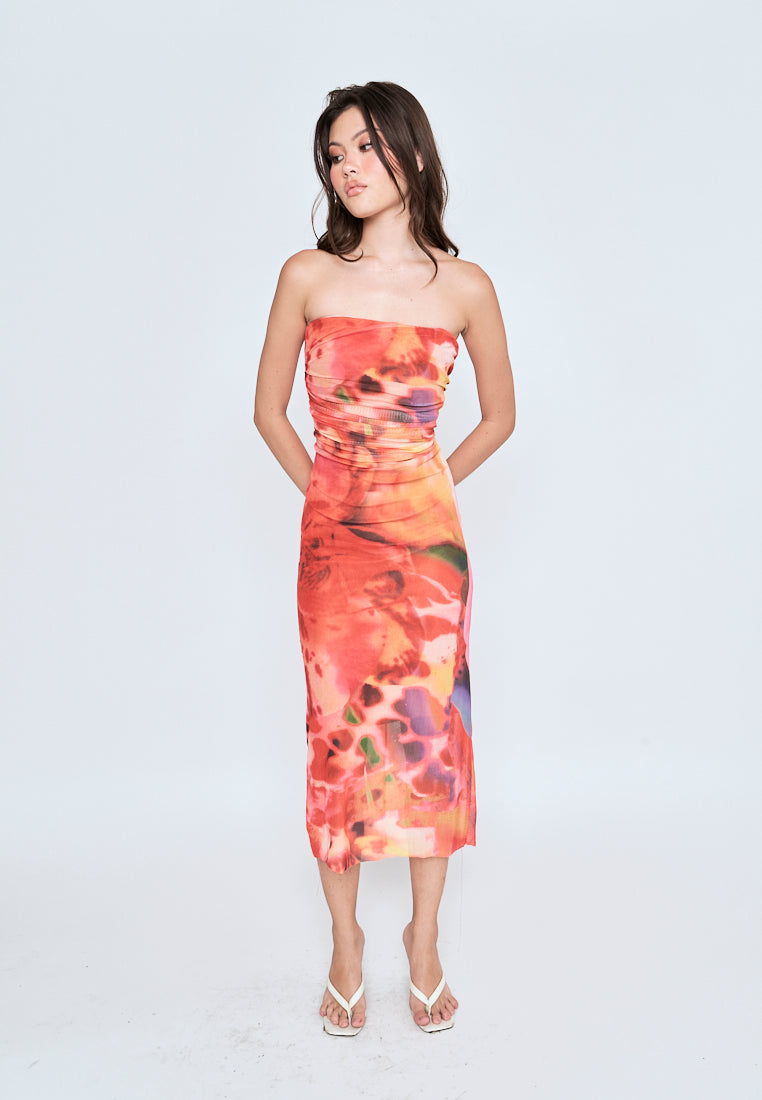 Leilana Orange Abstrat Print Mesh Pleated Sides Back Zipper Tube Midi Dress