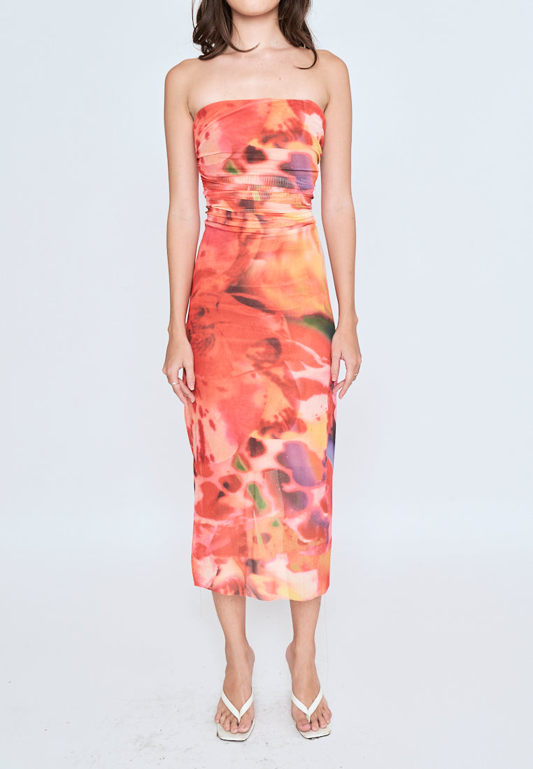 Leilana Orange Abstrat Print Mesh Pleated Sides Back Zipper Tube Midi Dress