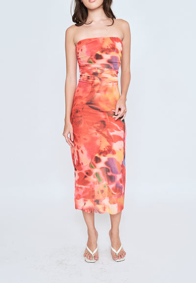 Leilana Orange Abstrat Print Mesh Pleated Sides Back Zipper Tube Midi Dress