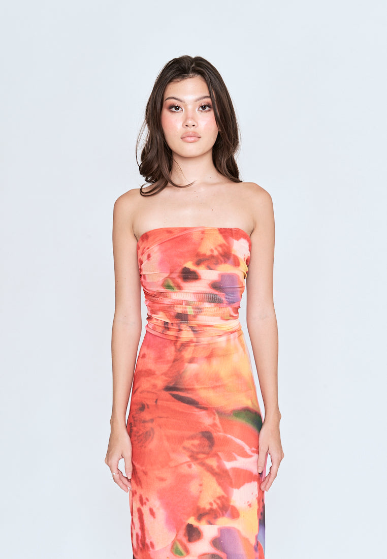 Leilana Orange Abstrat Print Mesh Pleated Sides Back Zipper Tube Midi Dress