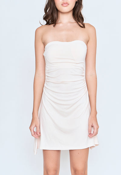 Claudette Cream Sweetheart Neckline Pleated Long Sides Tube Mini Dress
