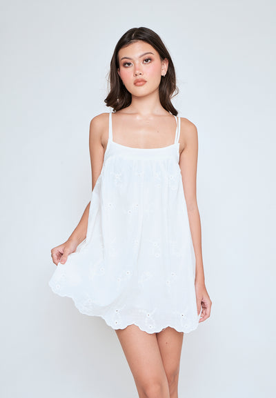 Sheilyn White Eyelet Double Thin Strap Side Zipper Mini Dress