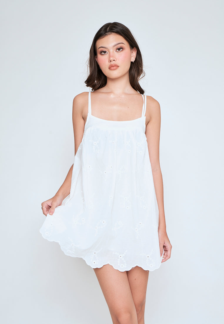 Sheilyn White Eyelet Double Thin Strap Side Zipper Mini Dress