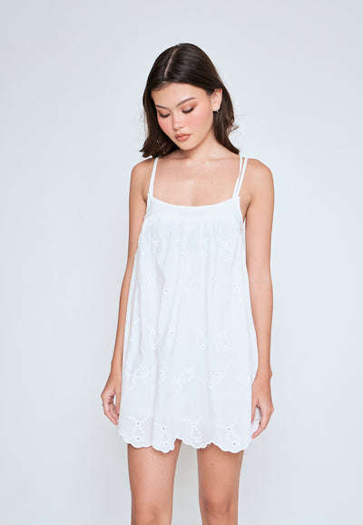 Sheilyn White Eyelet Double Thin Strap Side Zipper Mini Dress