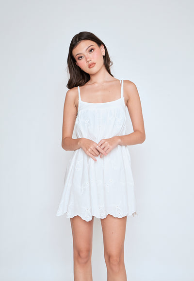 Sheilyn White Eyelet Double Thin Strap Side Zipper Mini Dress