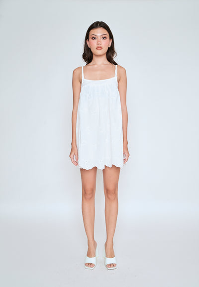 Sheilyn White Eyelet Double Thin Strap Side Zipper Mini Dress