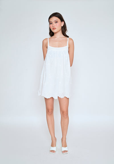 Sheilyn White Eyelet Double Thin Strap Side Zipper Mini Dress