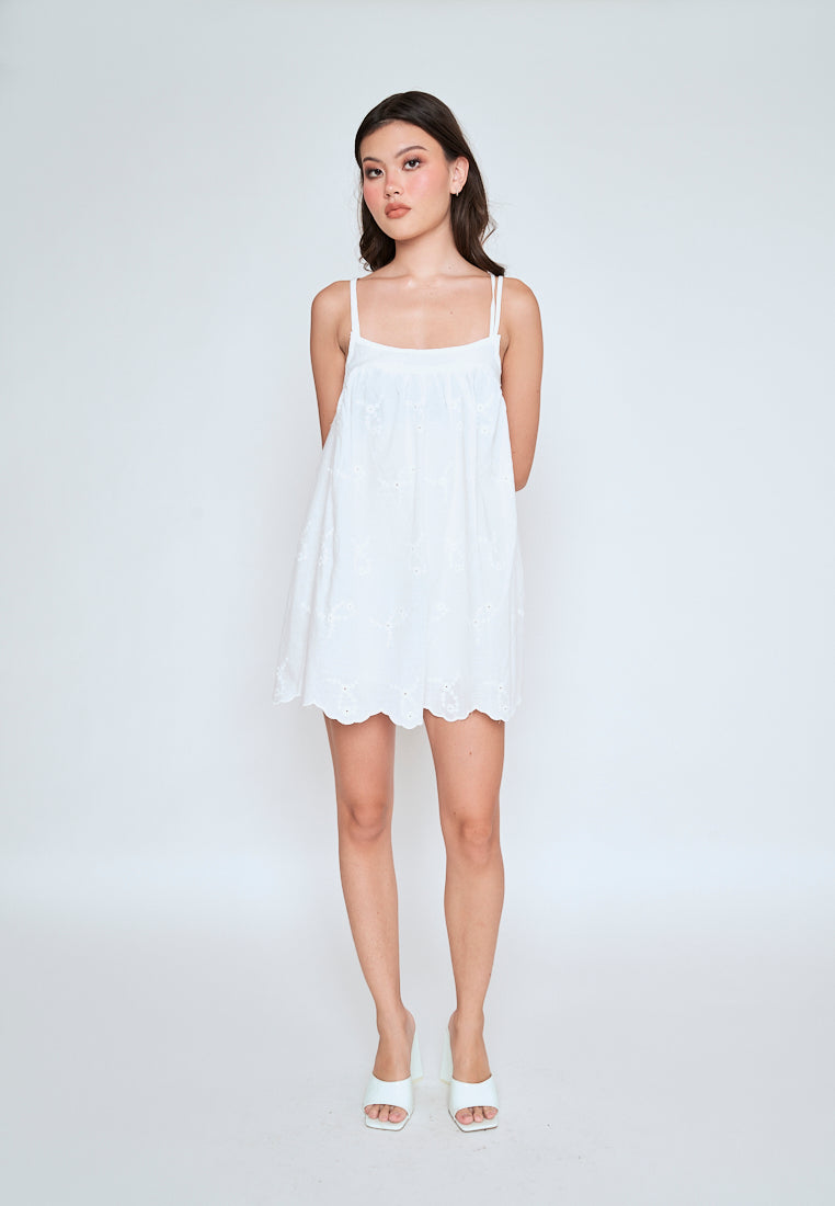Sheilyn White Eyelet Double Thin Strap Side Zipper Mini Dress