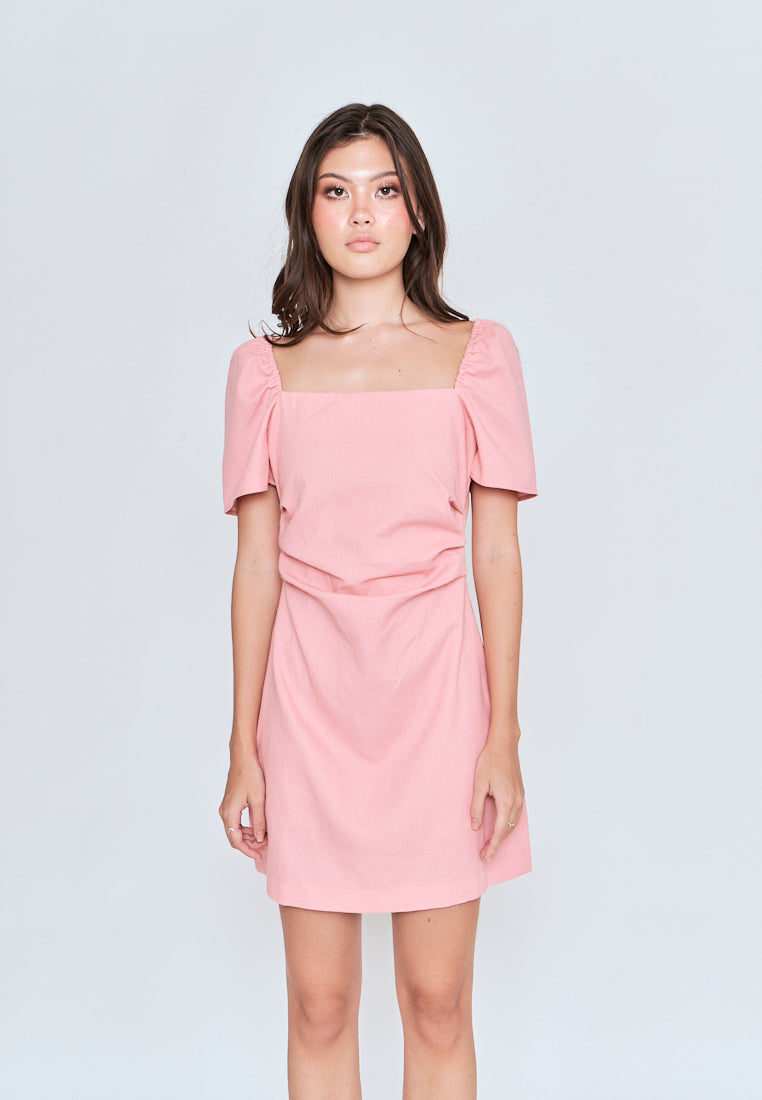 Xenia Pink Square Neck Short Sleeves Criss Cross Back Mini Dress
