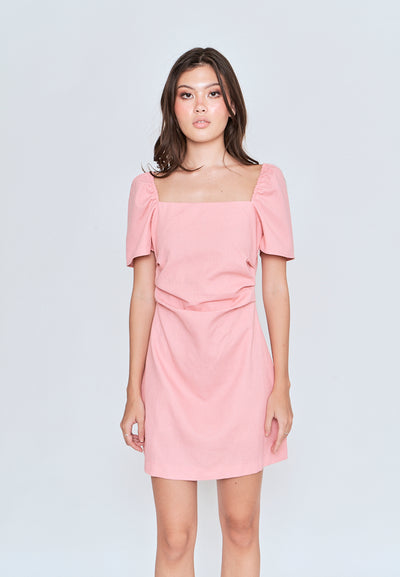 Xenia Pink Square Neck Short Sleeves Criss Cross Back Mini Dress