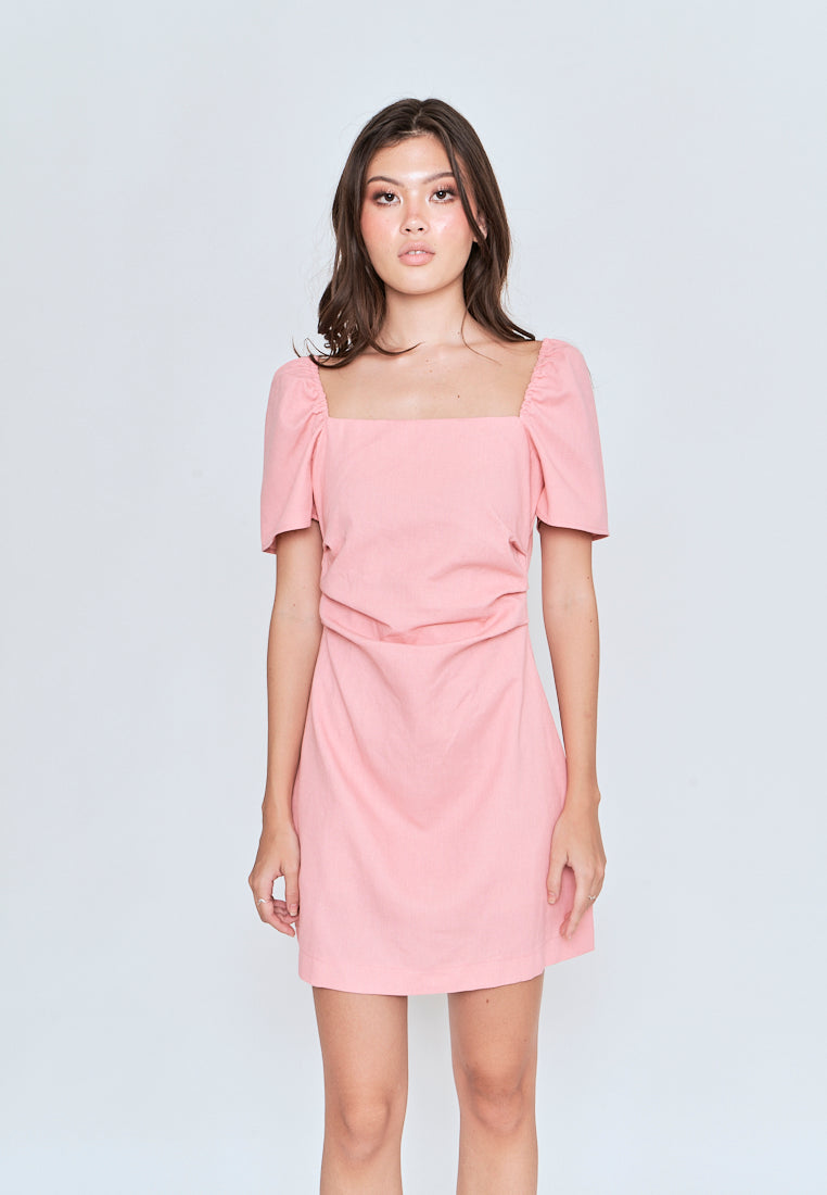 Xenia Pink Square Neck Short Sleeves Criss Cross Back Mini Dress