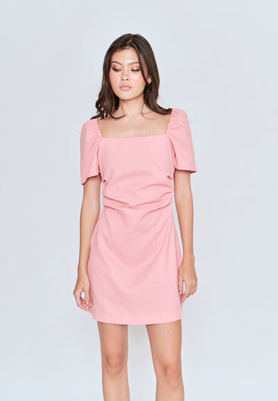 Xenia Pink Square Neck Short Sleeves Criss Cross Back Mini Dress