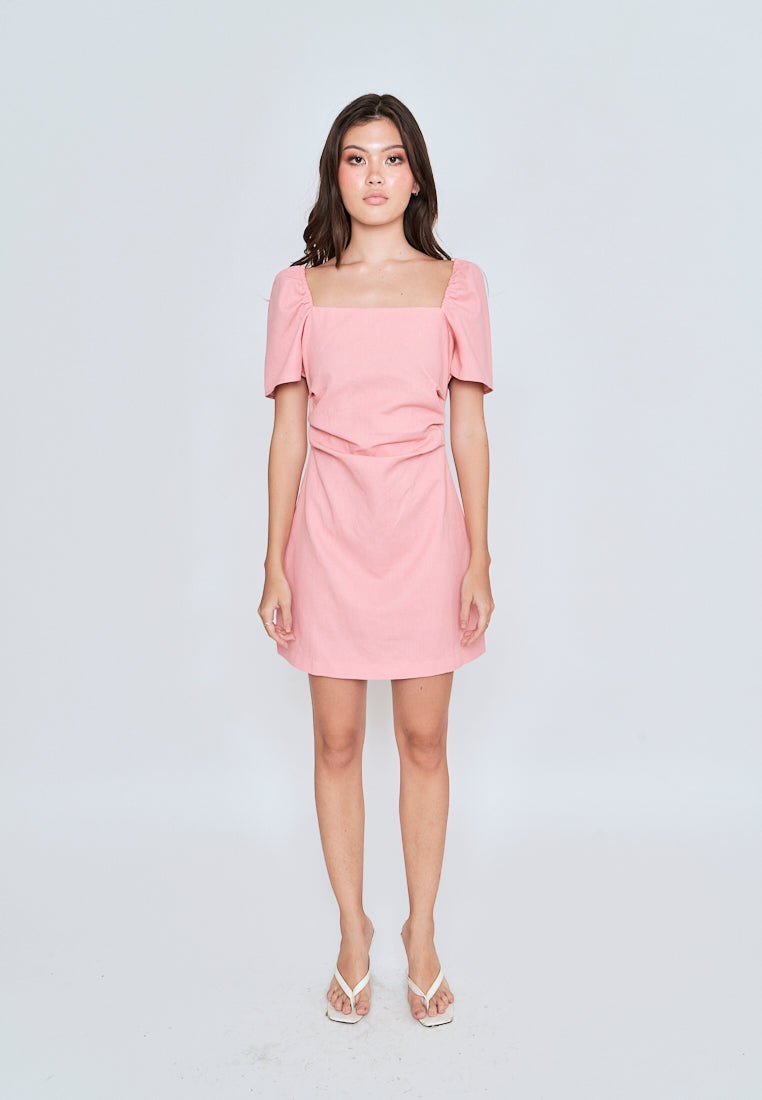 Xenia Pink Square Neck Short Sleeves Criss Cross Back Mini Dress