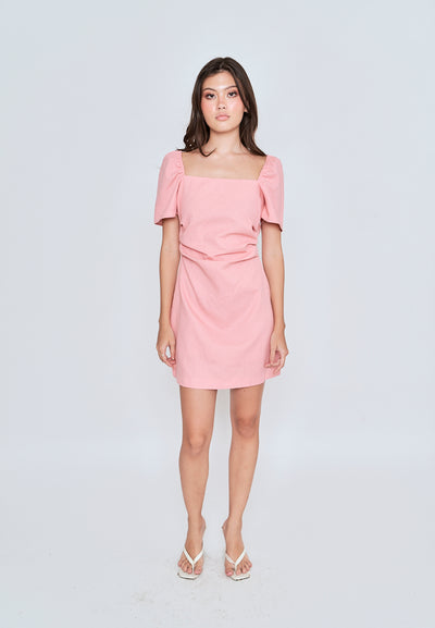 Xenia Pink Square Neck Short Sleeves Criss Cross Back Mini Dress