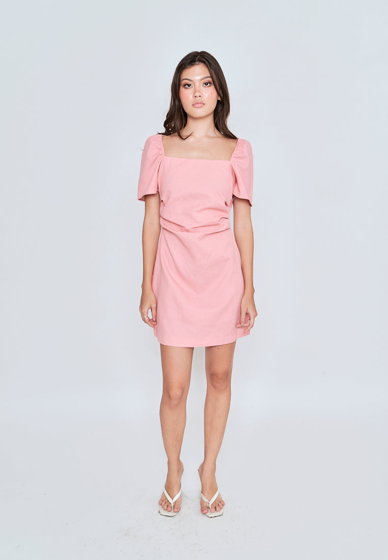 Xenia Pink Square Neck Short Sleeves Criss Cross Back Mini Dress