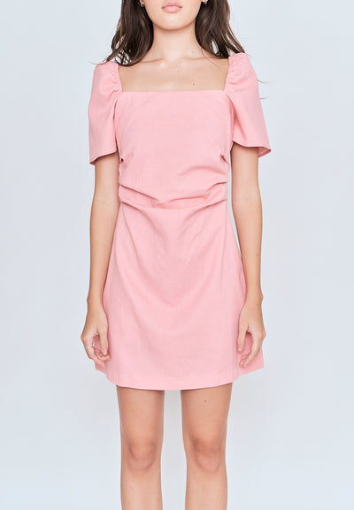 Xenia Pink Square Neck Short Sleeves Criss Cross Back Mini Dress