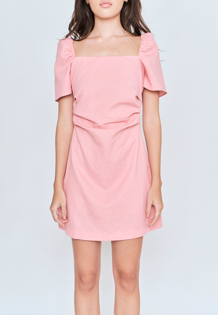 Xenia Pink Square Neck Short Sleeves Criss Cross Back Mini Dress