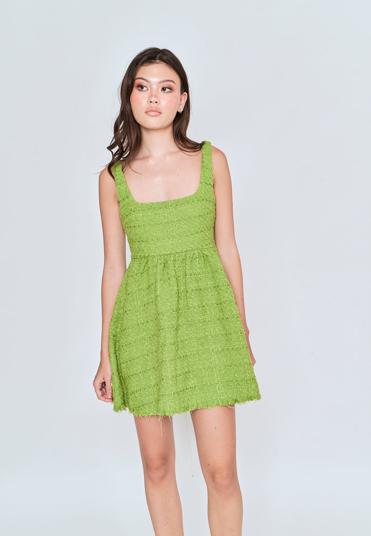 Czaira Green Square Neckline Pleated Sleeveless Dress