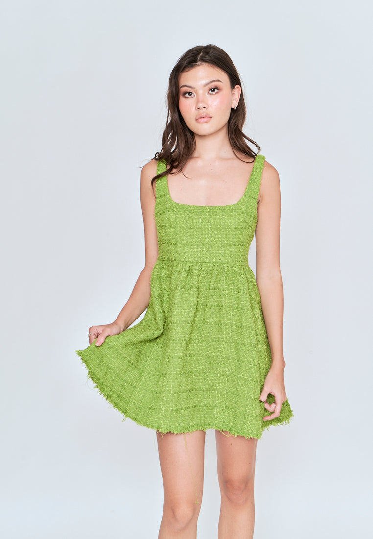 Czaira Green Square Neckline Pleated Sleeveless Dress