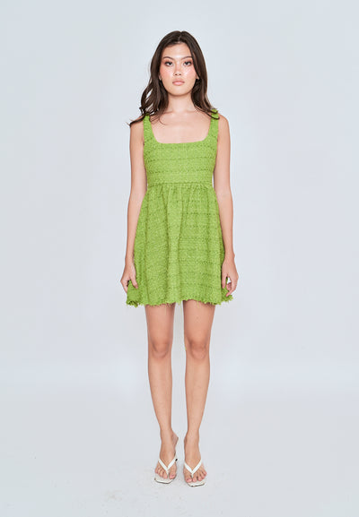 Czaira Green Square Neckline Pleated Sleeveless Dress