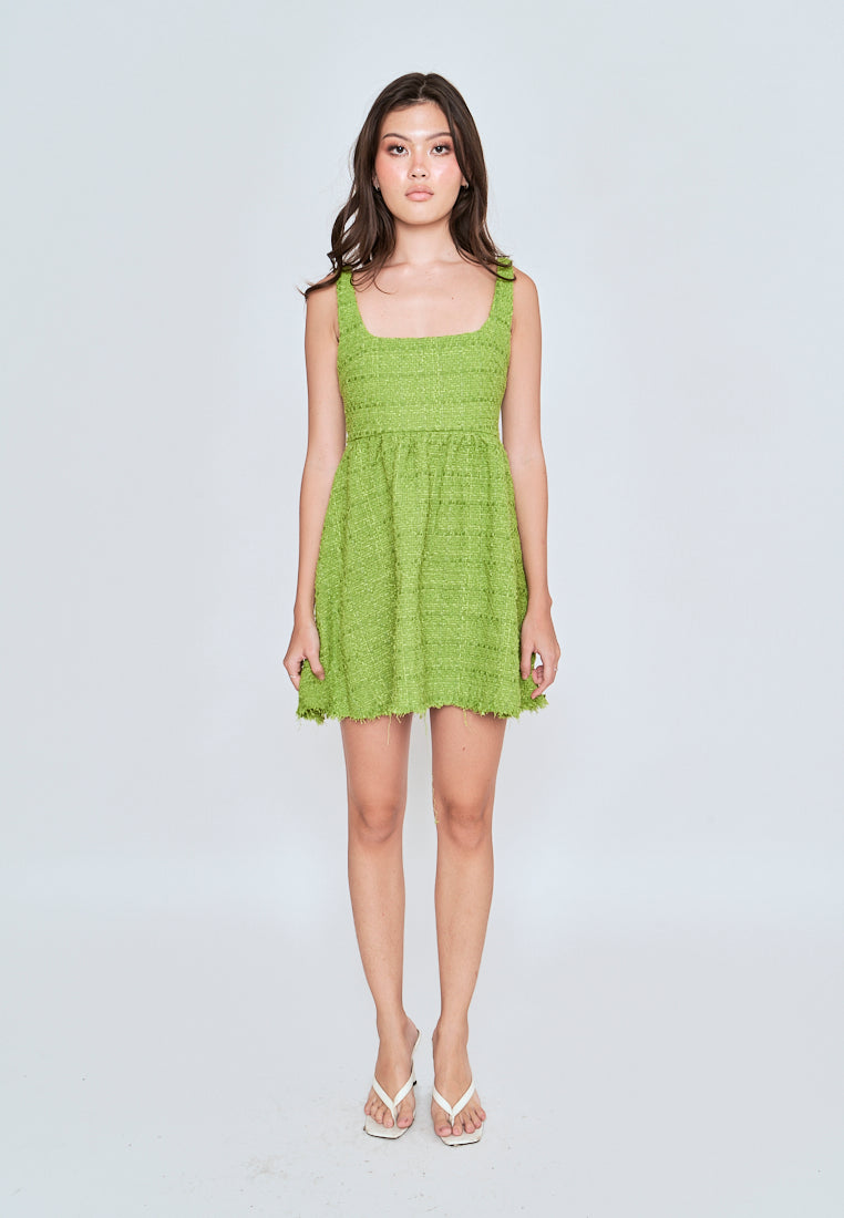 Czaira Green Square Neckline Pleated Sleeveless Dress
